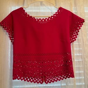 BEBE Pink Crop Top with Decorative Cut Out Edge Zipper Back